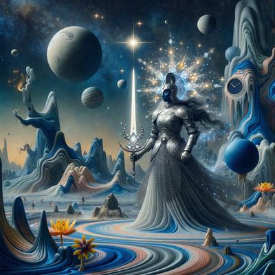 The primary subject of the image is a woman dressed in a metal suit, standing in a surreal landscape. The setting includes a blue sky, a clock, and various celestial bodies such as planets and stars. The visual style appears to be a combination of digital art and illustration, creating a unique and intriguing atmosphere. The colors in the image are predominantly blue, which adds to the surreal and dreamlike quality of the scene.